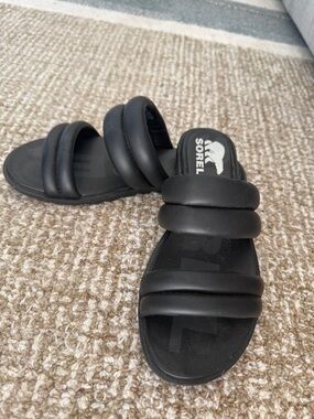 Sorel Black Padded Double-Strap Slide Sandals